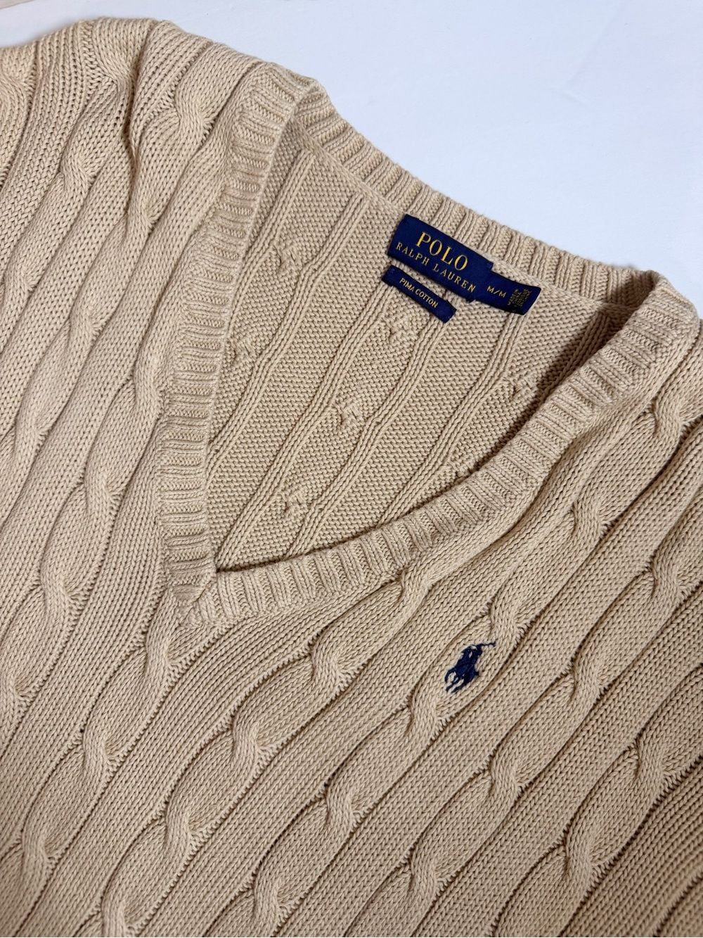 Polo Ralph Lauren Womens Relaxed Fit Cable-Knit V-Neck Sweater Medium Tan Preppy